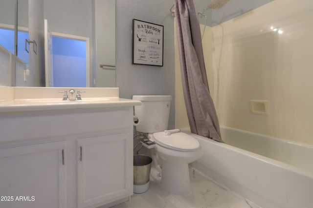 full bathroom featuring vanity, shower / bathtub combination with curtain, and toilet