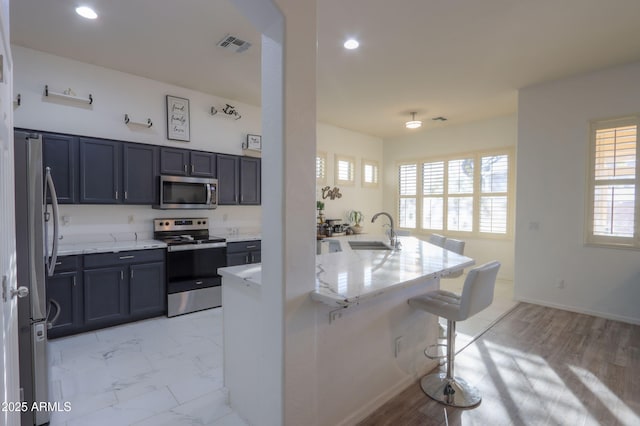 kitchen with stainless steel appliances, light stone countertops, a breakfast bar, and sink