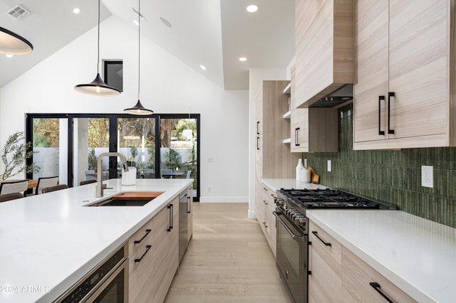 kitchen featuring appliances with stainless steel finishes, backsplash, sink, light hardwood / wood-style flooring, and hanging light fixtures