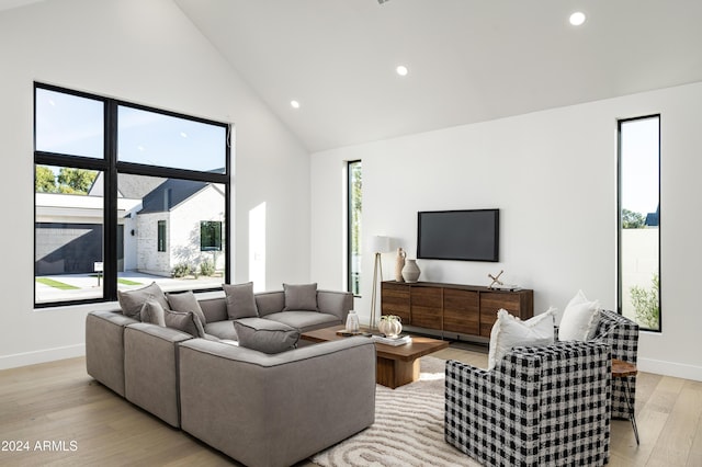 living room featuring high vaulted ceiling and light hardwood / wood-style flooring