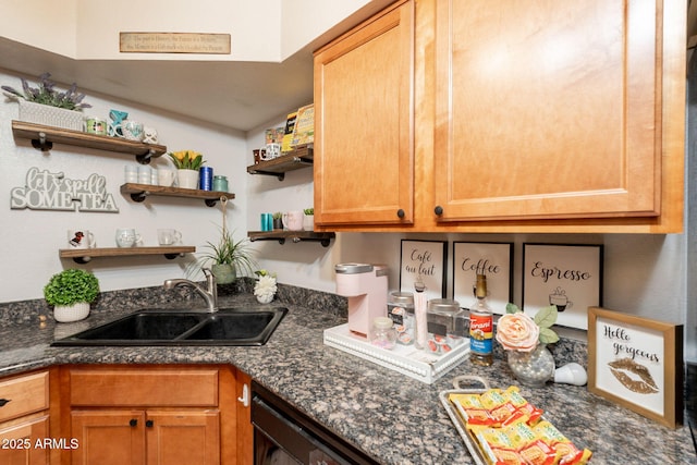 8787 E Mountain View Rd Unit 1110, Scottsdale, AZ 85258 - kitchen featuring open shelves, dark stone counters, and dishwasher