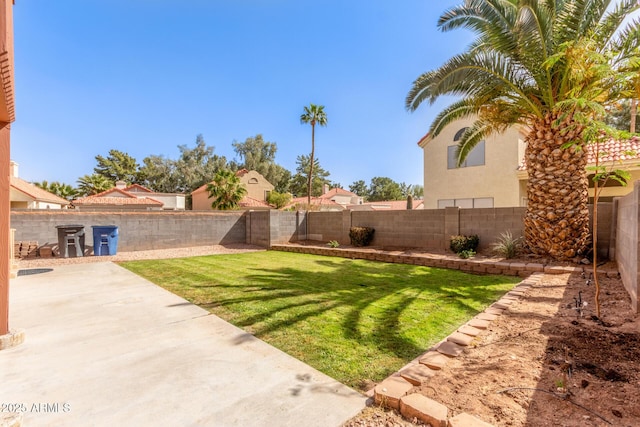 view of yard with a fenced backyard and a patio