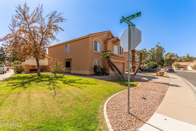 view of property exterior with a tile roof, stucco siding, a lawn, an attached garage, and driveway