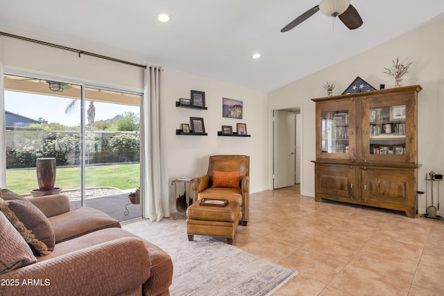 living area featuring recessed lighting, light tile patterned floors, vaulted ceiling, and a ceiling fan