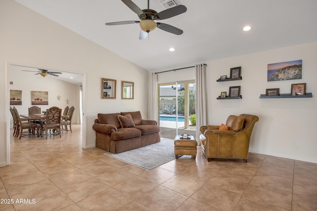 living room featuring visible vents, ceiling fan, recessed lighting, and light tile patterned floors