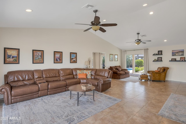 living area with light tile patterned floors, a ceiling fan, visible vents, and recessed lighting