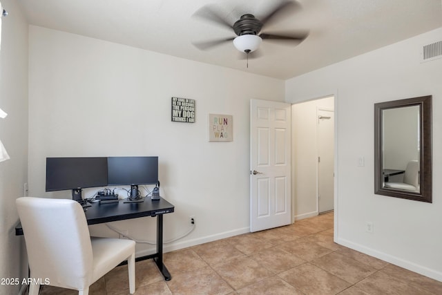 office with visible vents, ceiling fan, baseboards, and light tile patterned floors