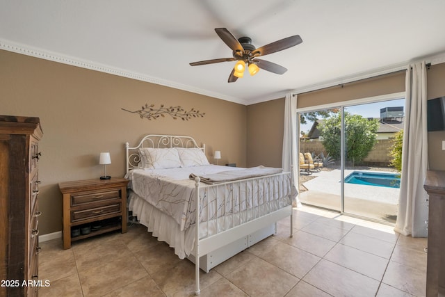bedroom featuring access to outside, light tile patterned floors, crown molding, and a ceiling fan