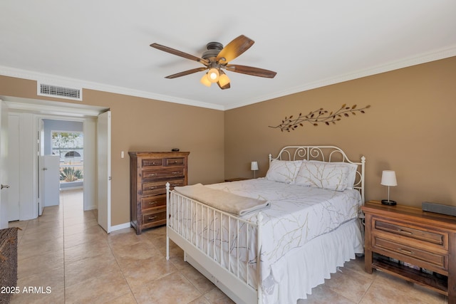 bedroom with visible vents, baseboards, ceiling fan, crown molding, and light tile patterned flooring