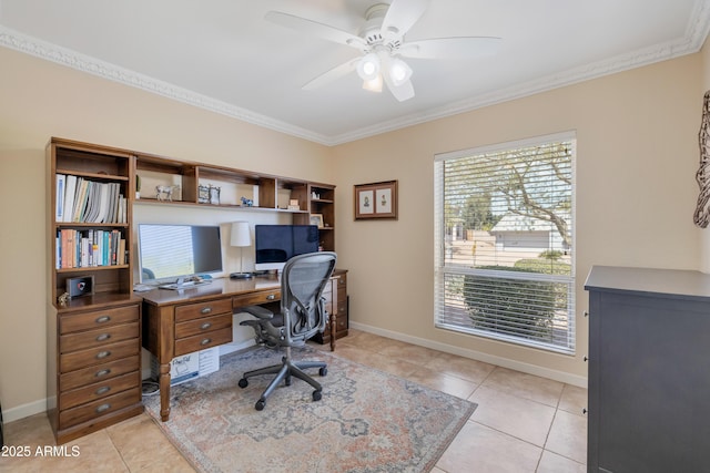office space featuring light tile patterned floors, baseboards, crown molding, and ceiling fan