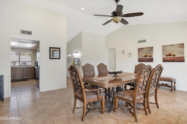 dining room with visible vents, ceiling fan, and light tile patterned flooring