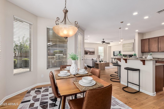 dining room with light hardwood / wood-style floors and ceiling fan