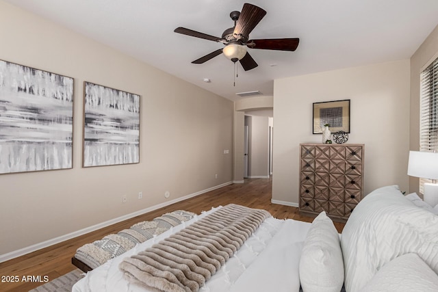 bedroom with ceiling fan and wood-type flooring