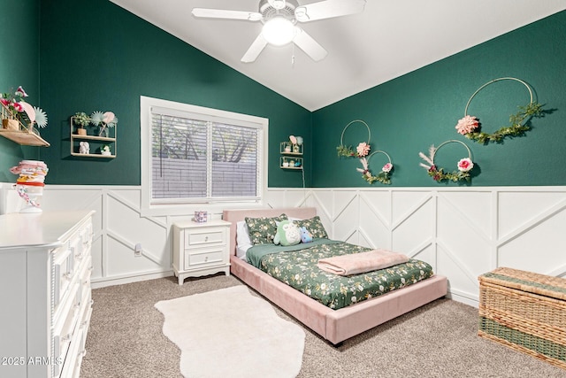 bedroom featuring ceiling fan, lofted ceiling, and carpet floors