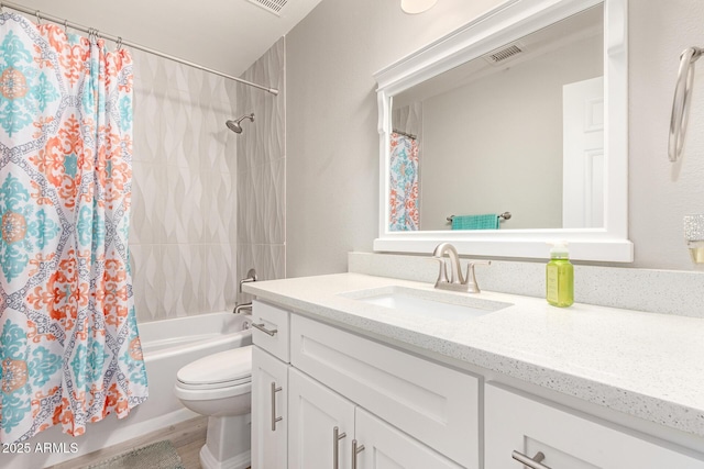 full bathroom featuring toilet, vanity, shower / bathtub combination with curtain, and wood-type flooring