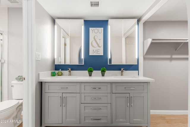 bathroom featuring vanity, hardwood / wood-style floors, and toilet