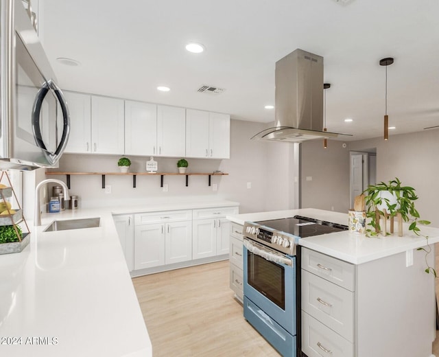 2114 S El Marino, Mesa, AZ 85202 - kitchen with visible vents, white cabinets, open shelves, appliances with stainless steel finishes, and island exhaust hood
