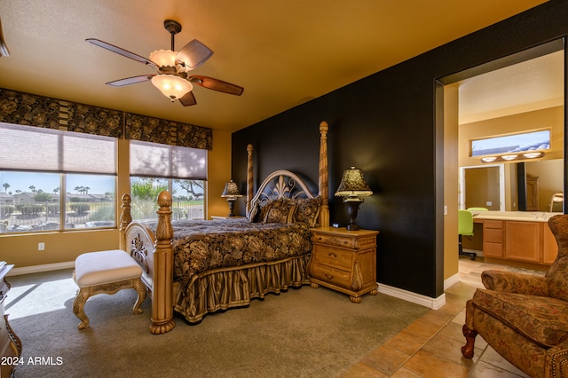 tiled bedroom with ceiling fan