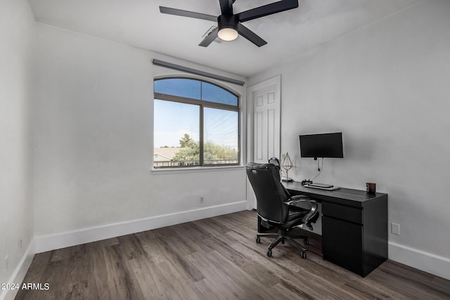 office space with hardwood / wood-style floors and ceiling fan