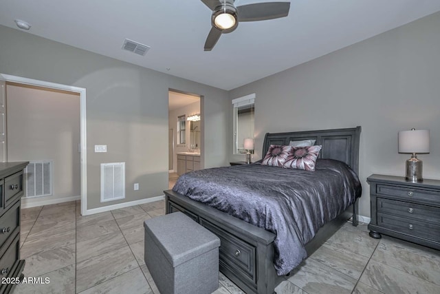 bedroom featuring connected bathroom and ceiling fan