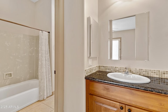 11266 W Calle Con Queso, Casa Grande, AZ 85194 - bathroom featuring vanity, shower / bath combo with shower curtain, tile patterned floors, and tasteful backsplash