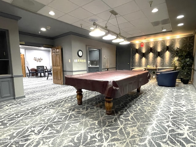 rec room featuring ornamental molding, carpet floors, a drop ceiling, and billiards