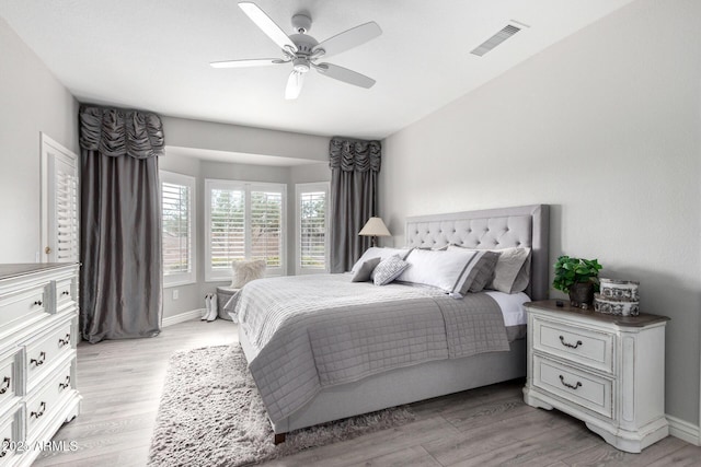 bedroom featuring ceiling fan and light wood-type flooring