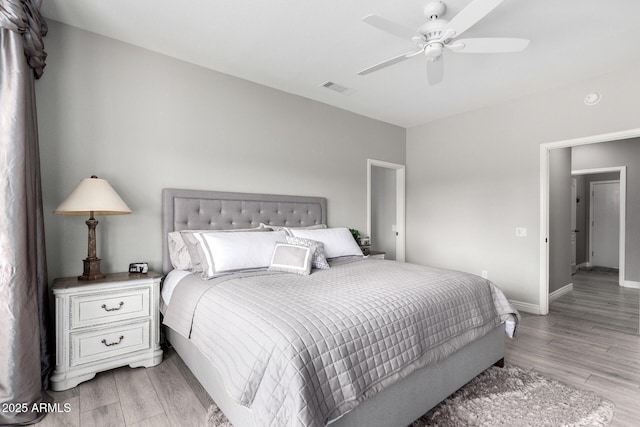 bedroom with ceiling fan and light wood-type flooring