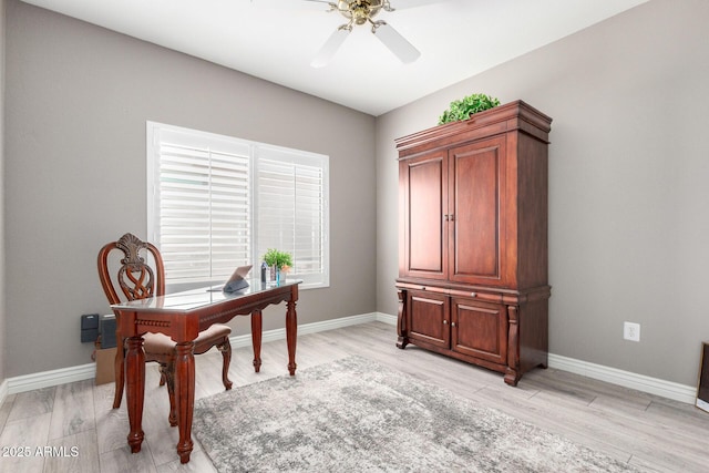 home office with ceiling fan and light wood-type flooring