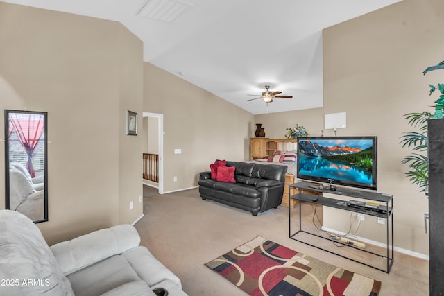 carpeted living room with visible vents, baseboards, lofted ceiling, and a ceiling fan
