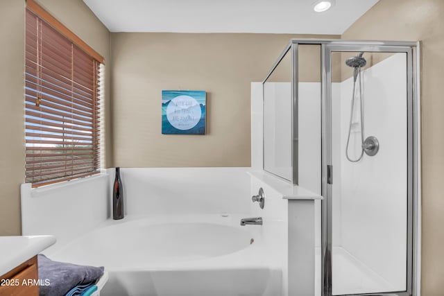 full bath with a bath, recessed lighting, a stall shower, and vanity