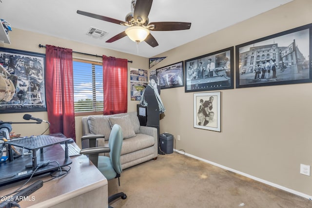 office area featuring visible vents, baseboards, ceiling fan, and carpet floors