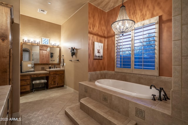 25031 N Paso Trl, Scottsdale, AZ 85255 - full bathroom featuring visible vents, tile patterned floors, vanity, a garden tub, and an inviting chandelier