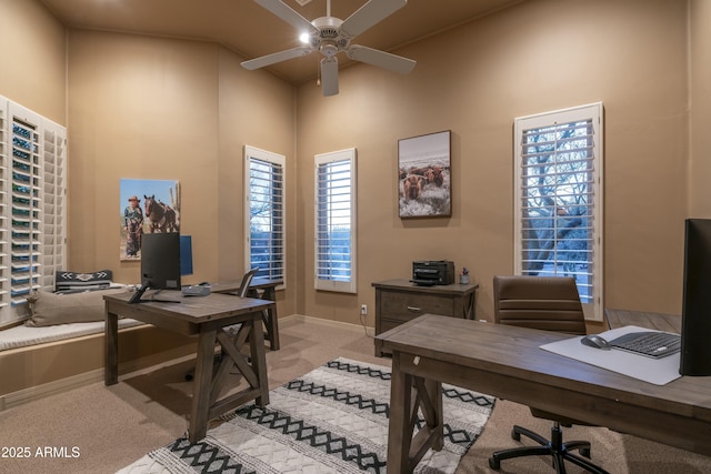 25031 N Paso Trl, Scottsdale, AZ 85255 - office area with a high ceiling, a ceiling fan, baseboards, and light colored carpet