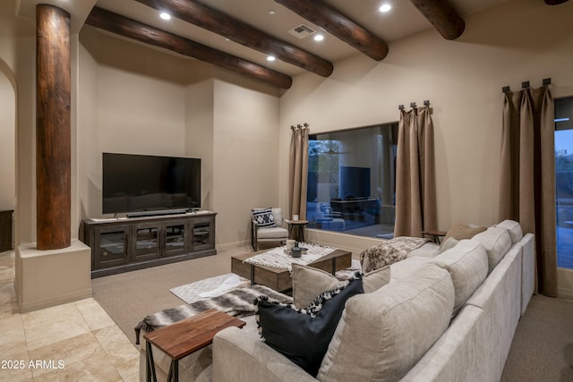 25031 N Paso Trl, Scottsdale, AZ 85255 - living area featuring baseboards, recessed lighting, decorative columns, beam ceiling, and arched walkways
