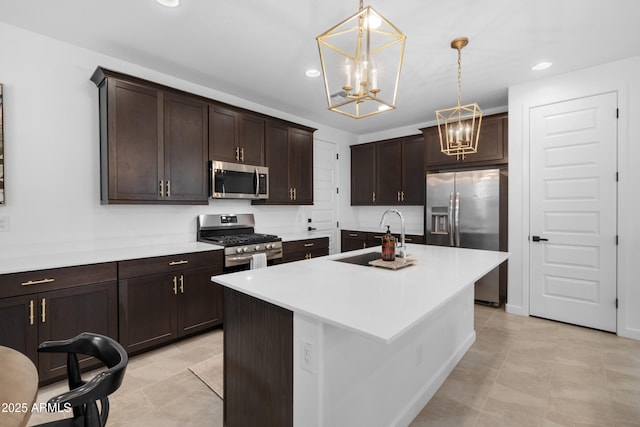 655 S Jacana Ln, Gilbert, AZ 85296 - kitchen with appliances with stainless steel finishes, a sink, a chandelier, hanging light fixtures, and dark brown cabinets