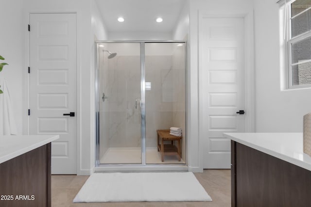 655 S Jacana Ln, Gilbert, AZ 85296 - full bath with vanity, a marble finish shower, tile patterned floors, and recessed lighting