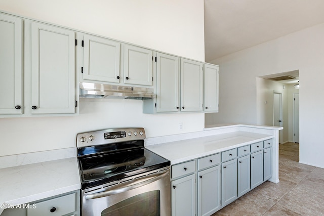 kitchen featuring electric range and lofted ceiling