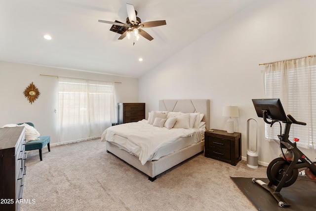 bedroom featuring lofted ceiling, recessed lighting, light colored carpet, and baseboards