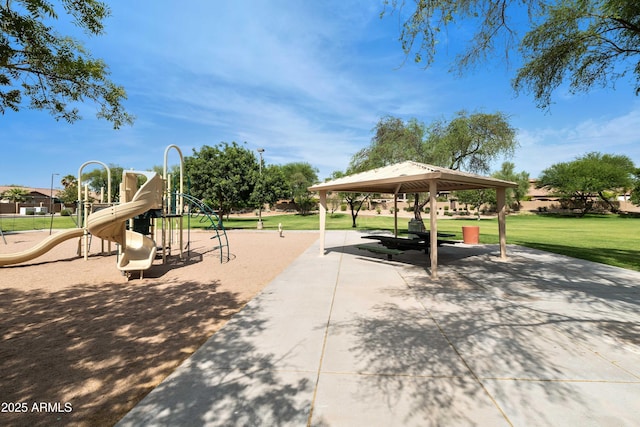 community jungle gym with a gazebo and a lawn