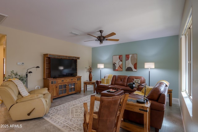 living room with ceiling fan