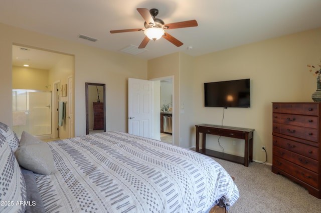 carpeted bedroom featuring connected bathroom and ceiling fan