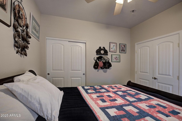 bedroom featuring ceiling fan and a closet