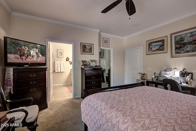 carpeted bedroom with ceiling fan, connected bathroom, and crown molding