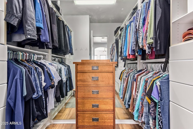 walk in closet with wood finished floors