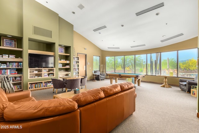 carpeted living room featuring billiards, a healthy amount of sunlight, and visible vents