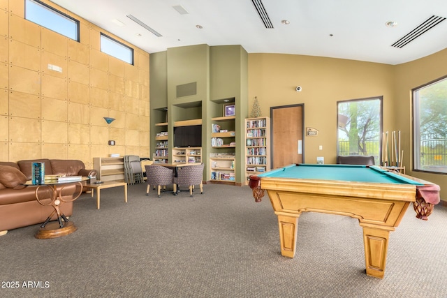 rec room featuring visible vents, high vaulted ceiling, pool table, and carpet flooring