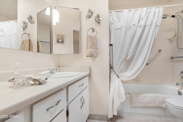 full bathroom with vanity, shower / bath combination with curtain, and toilet