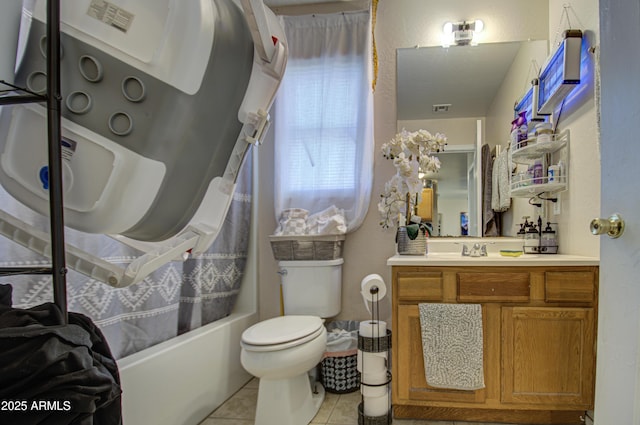 full bathroom with vanity, visible vents, shower / bath combination with curtain, tile patterned floors, and toilet