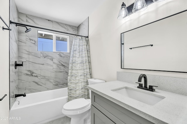 full bathroom featuring toilet, shower / bath combo with shower curtain, and vanity